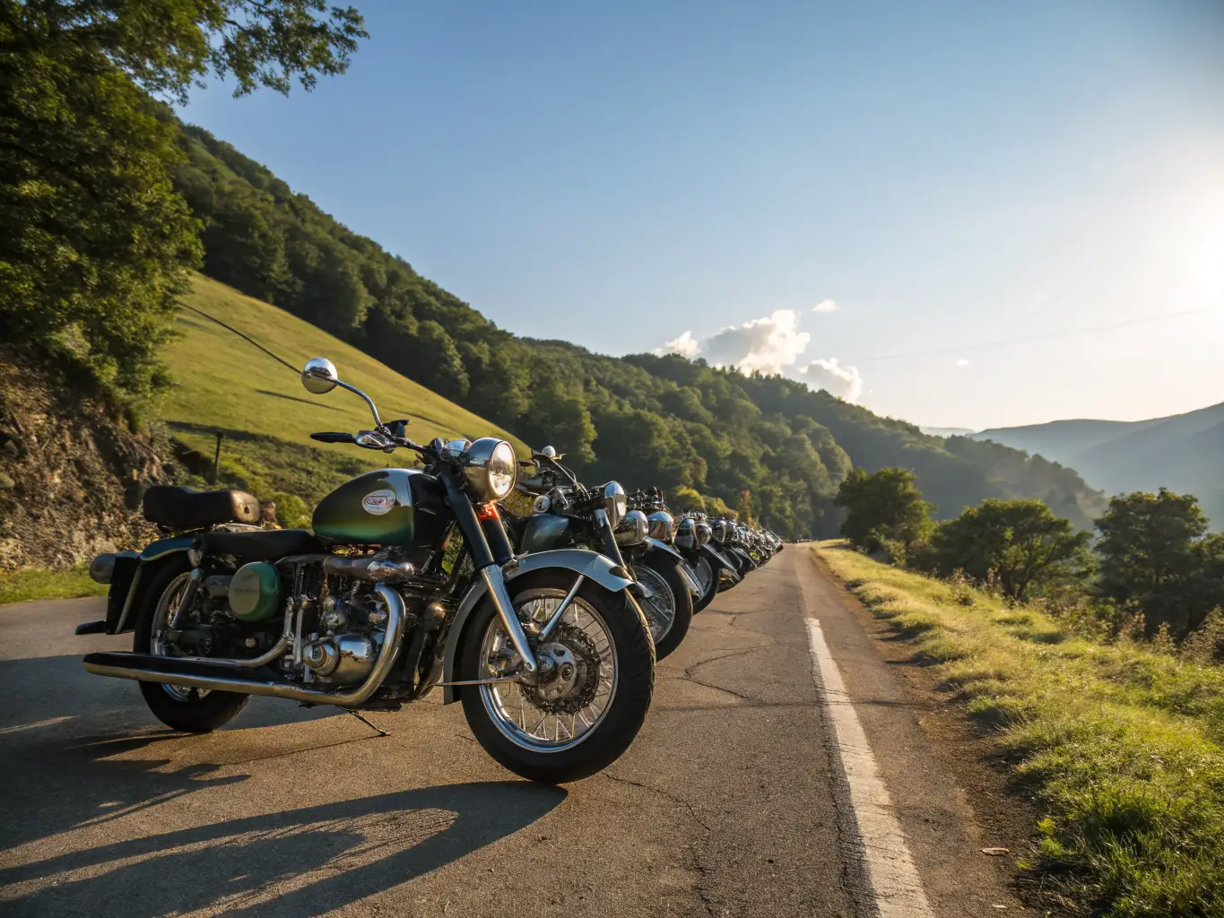 A photograph of a tourist rally organized by TSM, featuring motorcycles parked in front of a historical landmark.