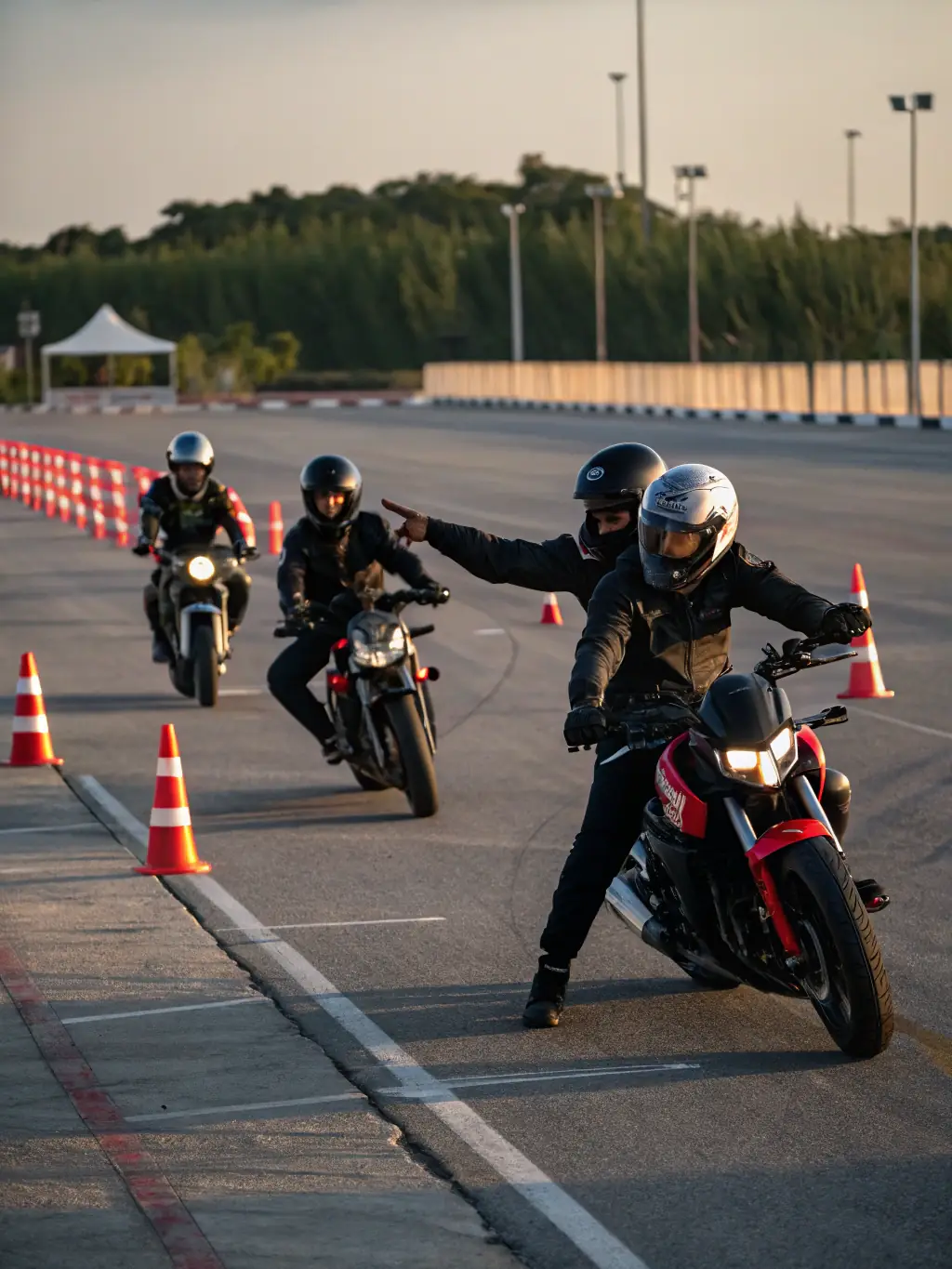 A classroom setting where experienced TSM instructors are providing safety training to a group of motorcyclists, demonstrating proper riding techniques and safety protocols.
