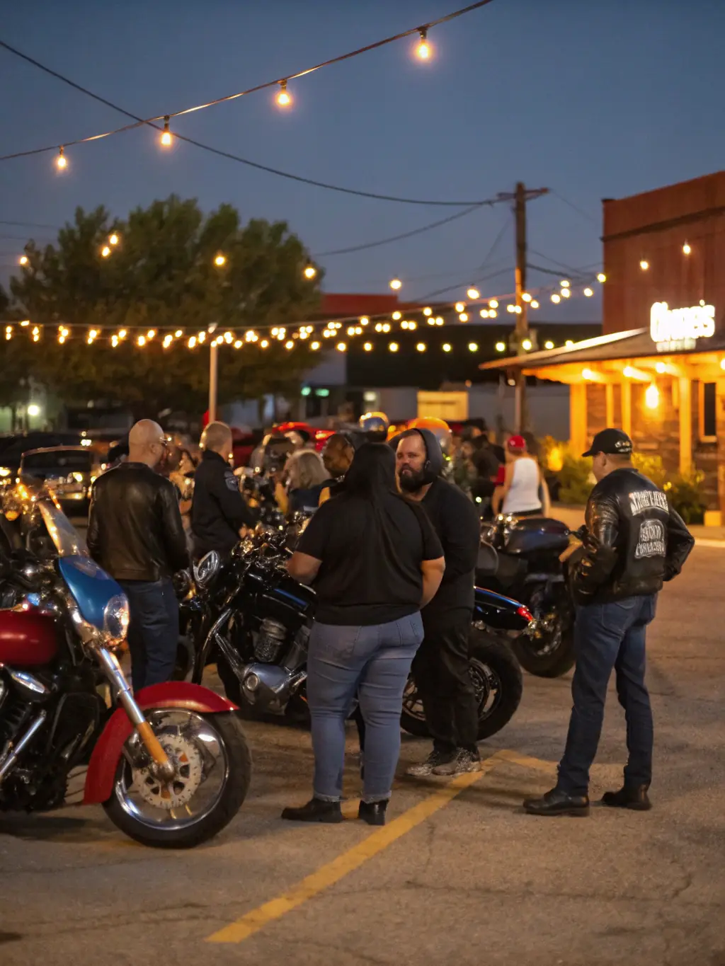 A vibrant scene from a TSM community event, featuring motorcycles, club members, and local residents enjoying food, music, and camaraderie.