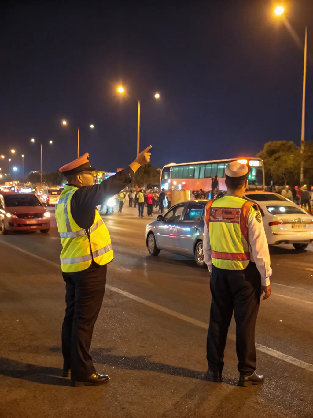 A close-up shot of TSM members assisting with traffic control during a local festival, highlighting their commitment to community safety and support.